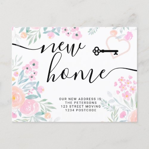 Key floral watercolor new home heart moving announcement postcard