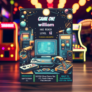 Key Fun Boy Cool Kids Gaming Level Up 6th Birthday Invitation