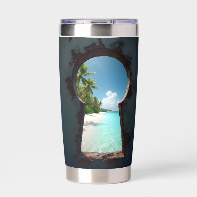 Key hole view of a beautiful caribbean beach insulated tumbler (Front)