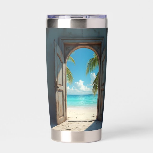 key hole view of beautiful beach and ocean insulated tumbler (Front)