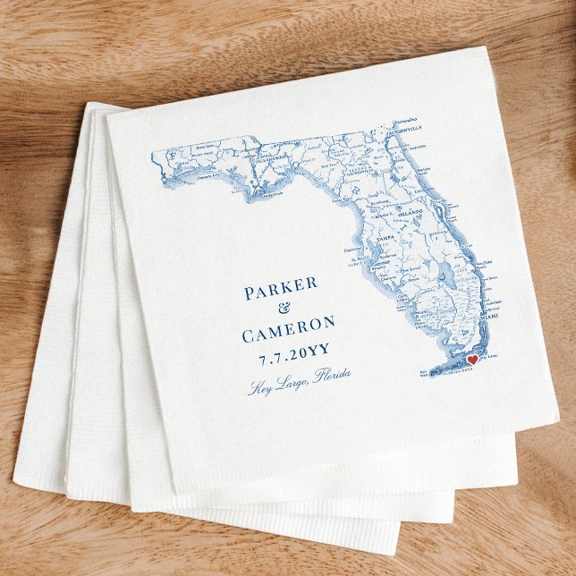 Key Largo Florida Map Elegant Wedding  Napkins (These Key Largo Florida map wedding napkins add a touch of navy blue elegance to your reception)