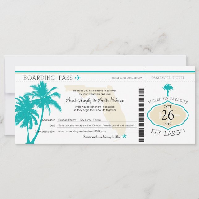 Key Largo Florida Palm Tree Boarding Pass Wedding Invitation (Front)