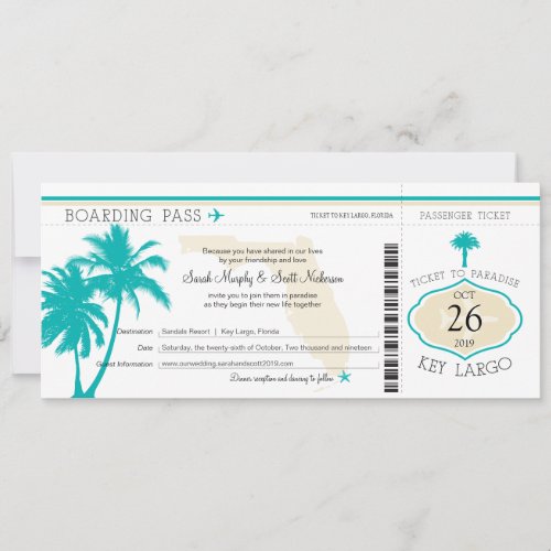 Key Largo Florida Palm Tree Boarding Pass Wedding Invitation