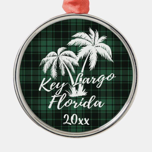 Key Largo Florida Palm Tree Green Plaid Metal Ornament (Front)