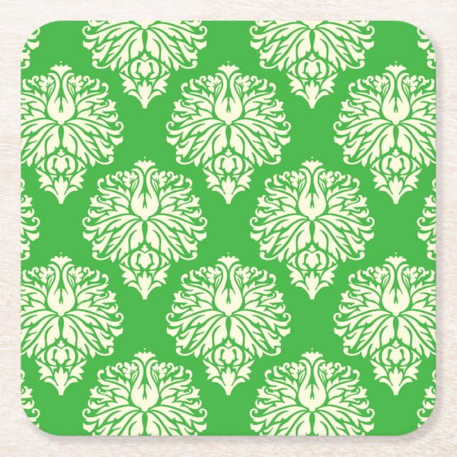 Key Lime Southern Cottage Damask Square Paper Coaster (Front)