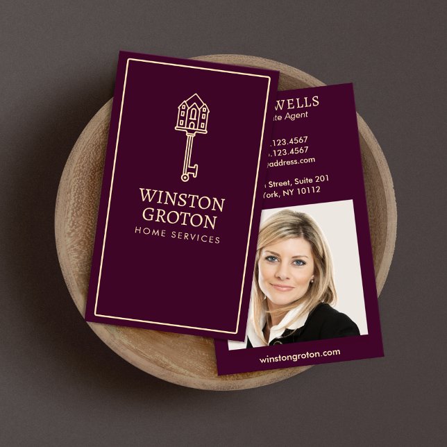 Key Real Estate Agent Photo  Burgundy Business Card (Creator Uploaded)