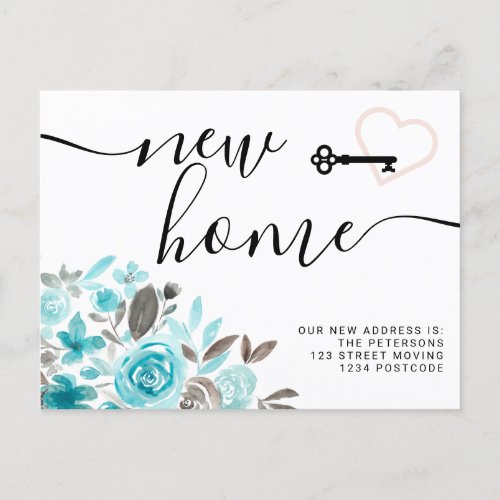 Key teal floral watercolor new home heart moving announcement postcard