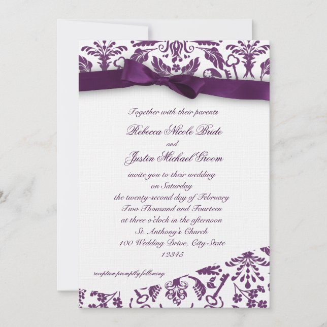 Key to my Heart Damask with Bow Invitation (Front)