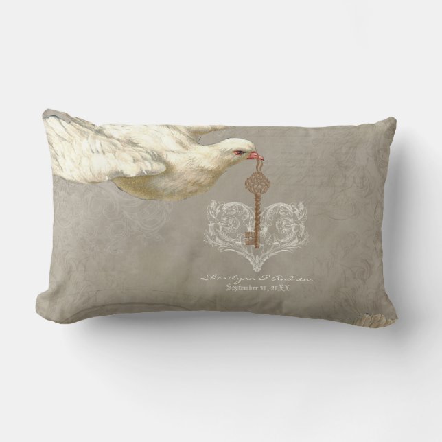 Key to my Heart Dove Swirl Flourish Grey Collage Lumbar Pillow (Front)