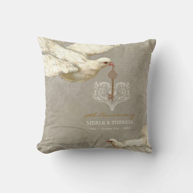 Key to my Heart Dove Swirl Flourish Grey Collage Throw Pillow (Front)
