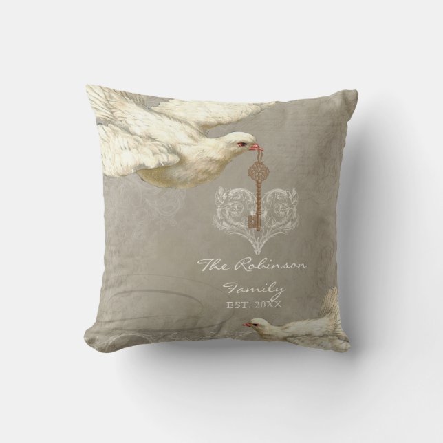 Key to my Heart Dove Swirl Flourish Grey Collage Throw Pillow (Front)