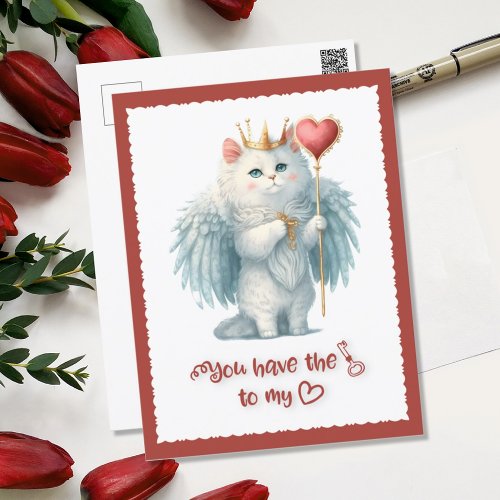 Key to my Heart Royal White Angel Cat Valentine Holiday Postcard