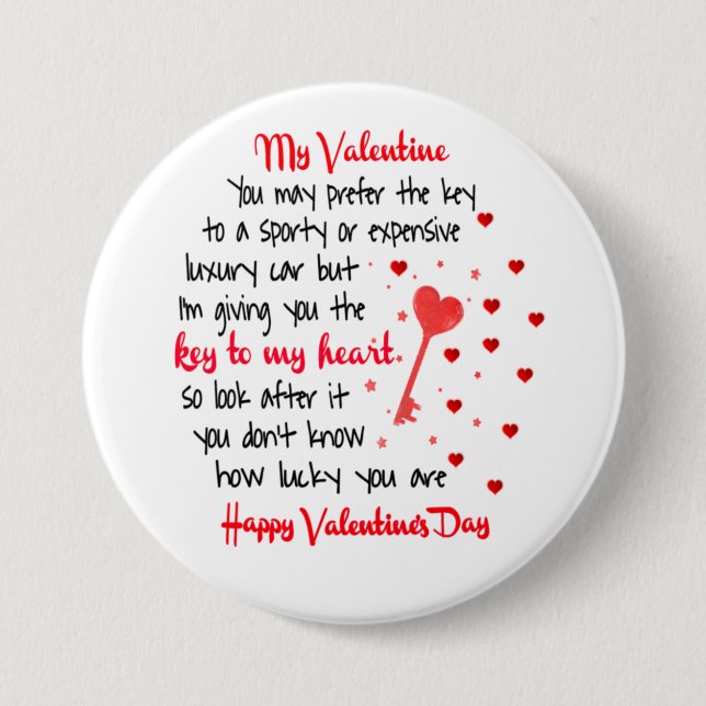   Key To My Heart Valentine's Day Gift Button (Front)