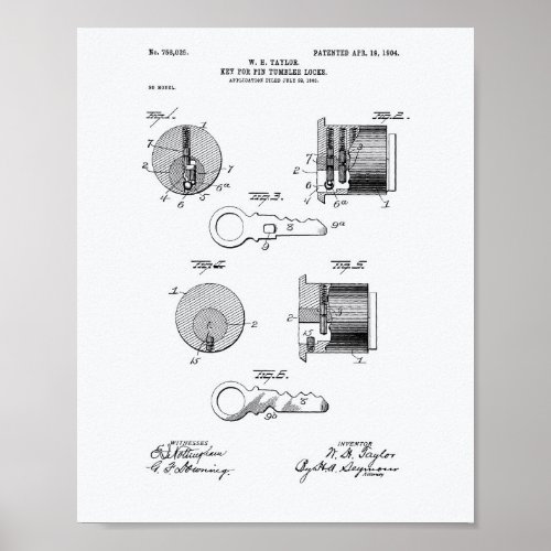 Key Tumbler Locks 1904 Patent Art White Paper Poster