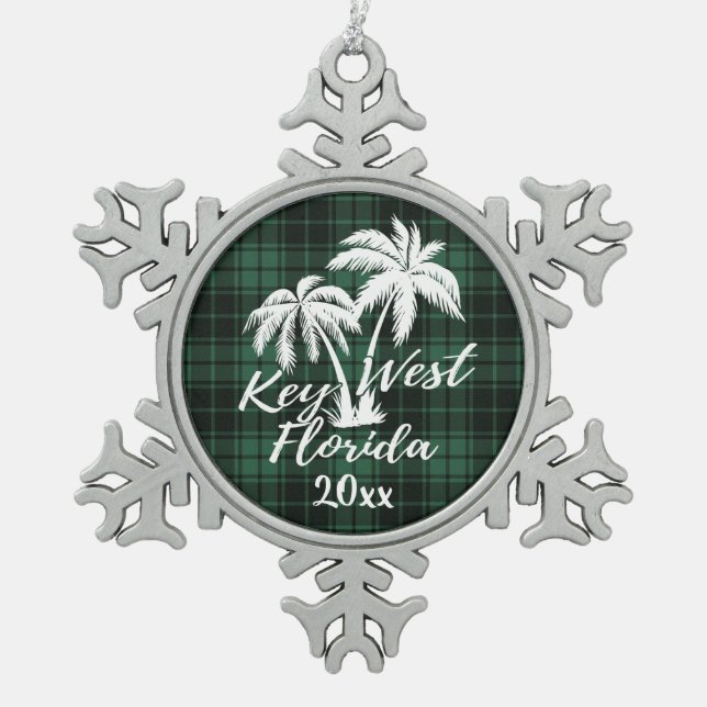 Key West Beach Florida Palm Green Plaid Snowflake Pewter Christmas Ornament (Front)