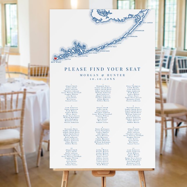 Key West FL Map 12 Table Wedding Seating Chart Foam Board (Key West FL Map Wedding Seating Chart with 12 tables for an elegant navy blue destination wedding )