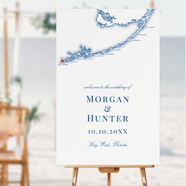 Key West FL Map Navy Blue Wedding Welcome Sign (Key West FL Map Wedding Welcome Sign for an elegant navy blue Florida Keys destination wedding)