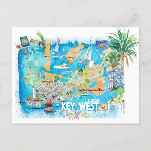 Key West Florida Illustrated Travel Map with Roads Postcard