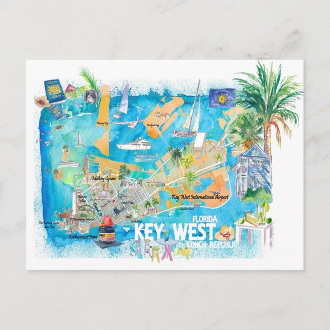 Key West Florida Illustrated Travel Map with Roads Postcard (Front)