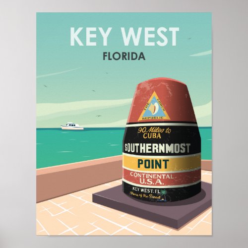 Key West Florida Mile Zero Vintage Travel Poster