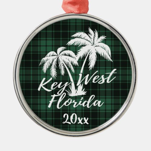 Key West Florida Palm Tree Green Plaid Metal Ornament