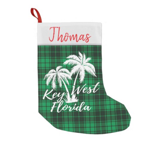 Key West Florida Palm Trees Beach Green Plaid Small Christmas Stocking