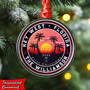 Key West Florida Retro Sunset Palm Tree 60s Metal Ornament