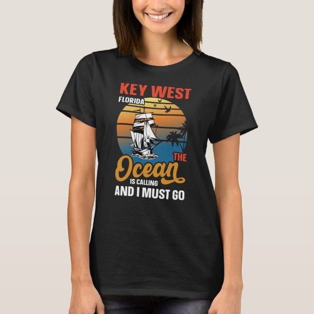 Key West Florida the Ocean Is Calling Retro T-Shirt (Front)