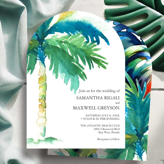 Key West Inspired Palm Tree Wedding Invitation (Palm tree wedding invitations watercolor art by Victoria Grigaliunas of Do Tell A Belle)