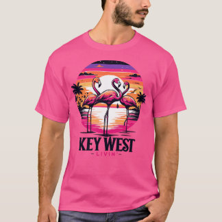 Key West Livin Tropical Flamingo Night Scene In Ke T-Shirt
