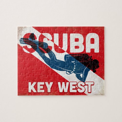 Key West Scuba Diver _ Blue Retro Jigsaw Puzzle