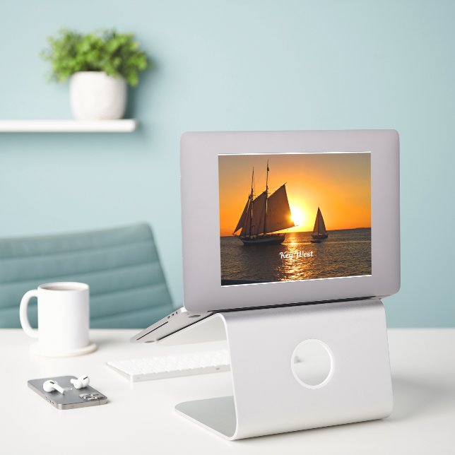 Key West, sunset and sailboats, Sticker (Laptop On Desk)