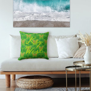Key West Tropical Palm Flowers Cotton Throw Pillow