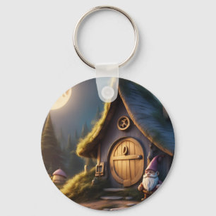 Keychain circle with cute gnome cabin design 