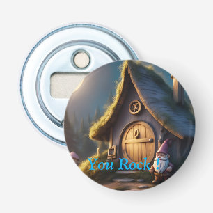 Keychain circle with cute gnome cabin design  bottle opener