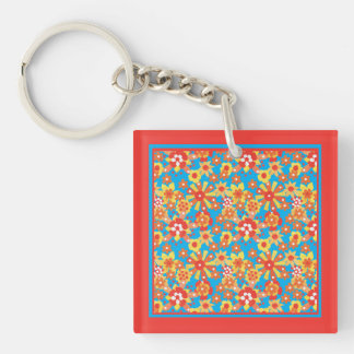 Keychain: Ditzy Orange Flowers on Blue Background Keychain