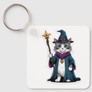 Keychain Mini wizard cat with magical staff