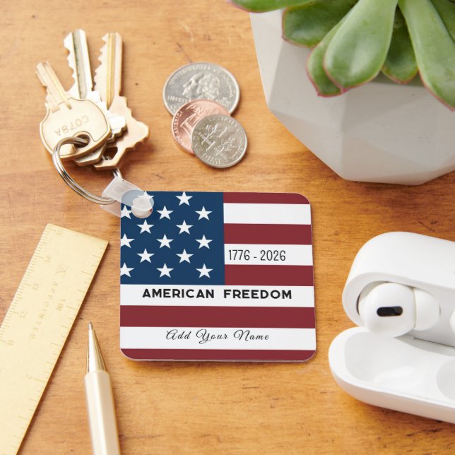 Keychain Patriotic US Flag Custom Text Name (Desk)