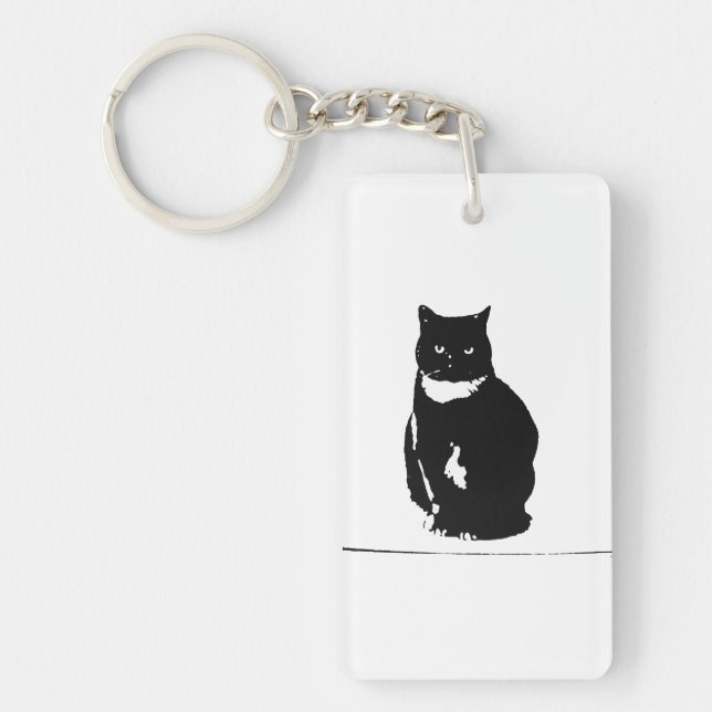 Keychain - stylized tuxedo black cat with attitude (Front)