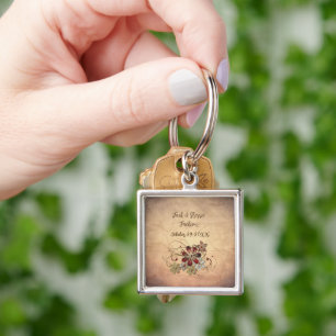 Keychain Wedding Favor: Name, Date & Floral Design