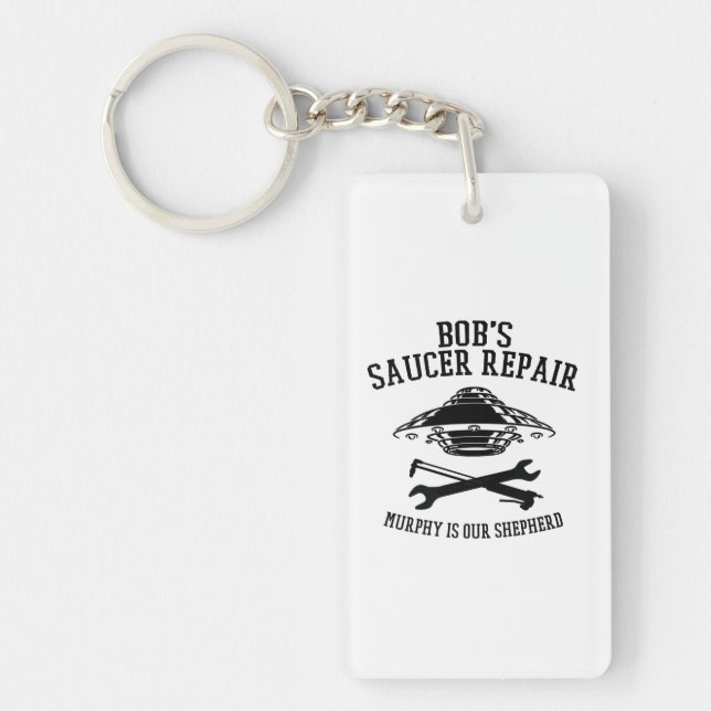keychain with black Bob's Saucer Repair logo (Front)
