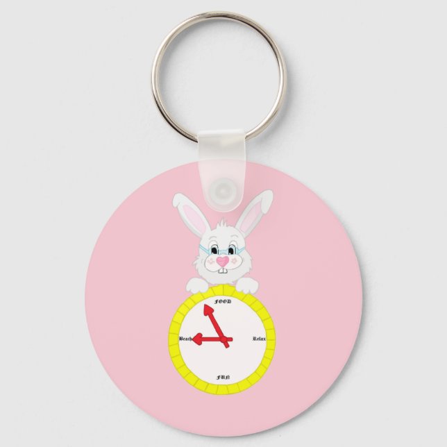 Keychain with white rabbit with clock design (Front)