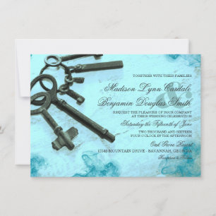 Keys to Her Heart Vintage Aqua Wedding Invitations