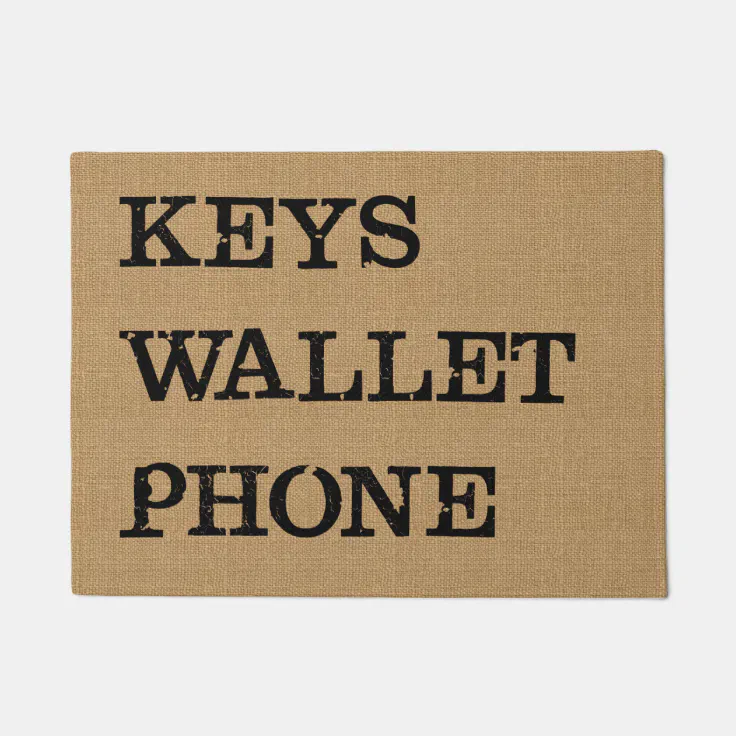KEYS WALLET PHONE Black on Burlap Effect Doormat Zazzle