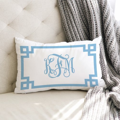 KFM Sky Blue Greek Key Script Monogram Lumbar Pillow