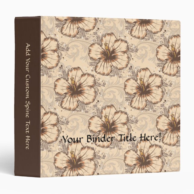 Khaki and Brown Hibiscus Flower 3 Ring Binder (Front/Spine)