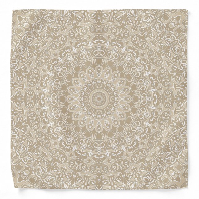 Khaki and White Ornamental Mandala Pattern Bandana (Front)