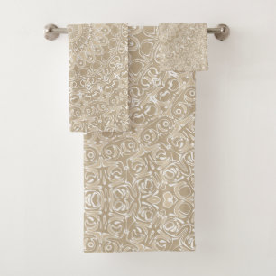 Khaki and White Ornamental Mandala Pattern Bath Towel Set