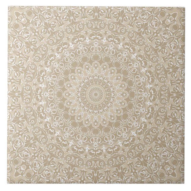 Khaki and White Ornamental Mandala Pattern Ceramic Tile (Front)