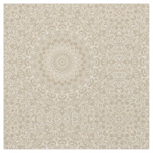 Khaki and White Ornamental Mandala Pattern Fabric